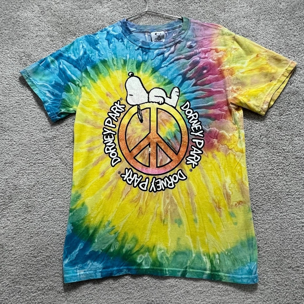 Peanuts Snoopy Dorney Park T-Shirt Men's Small Tie Dye Graphic Dog‎ Crew Neck